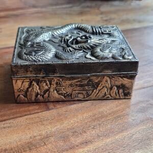 Mid Century Japanese Tin Dragon Cedar Lined Tobacco Cigarette Trinket Box